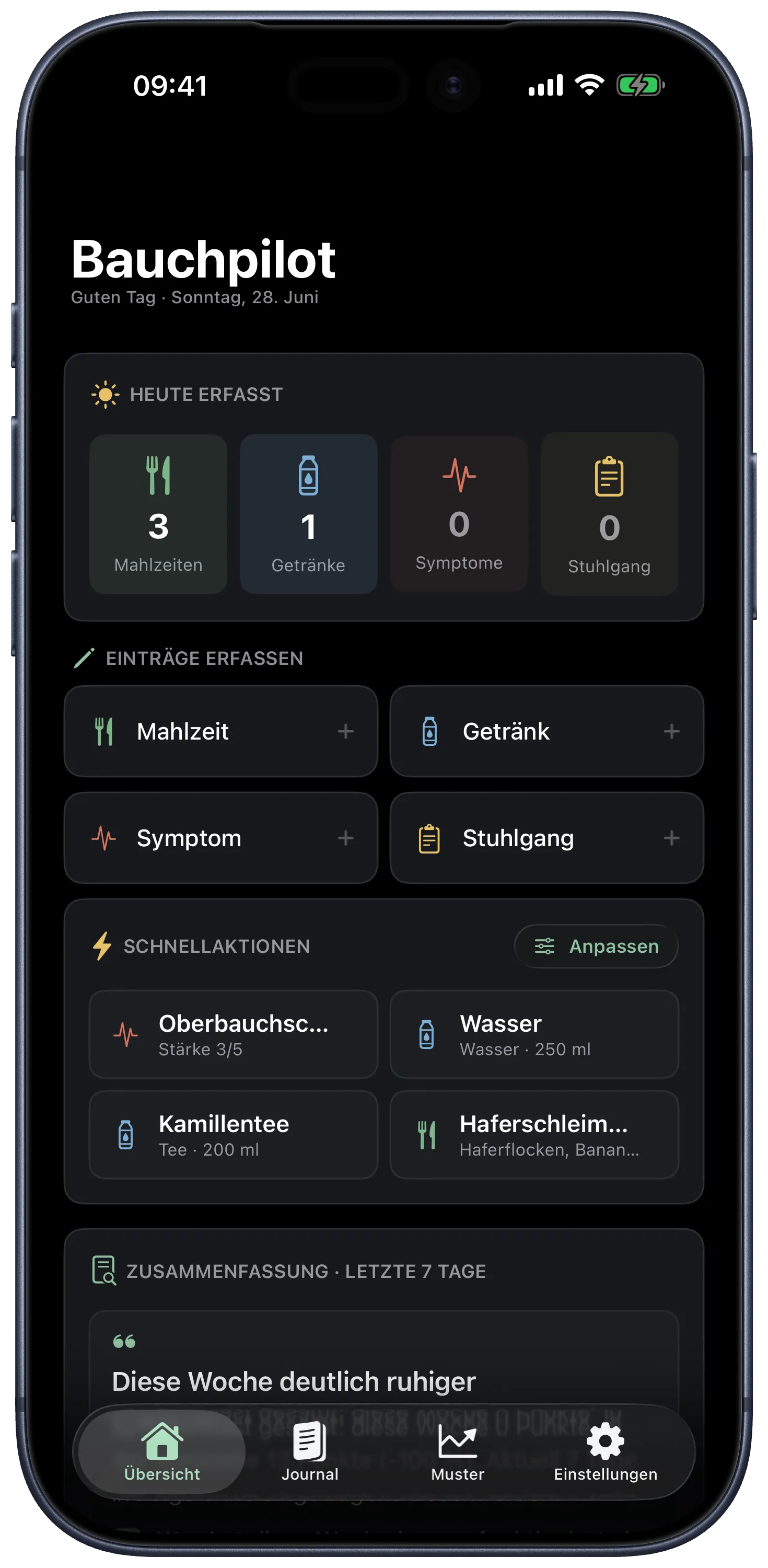 Bauchpilot – Tagesübersicht mit Mahlzeiten, Symptomen und einem erkannten Muster