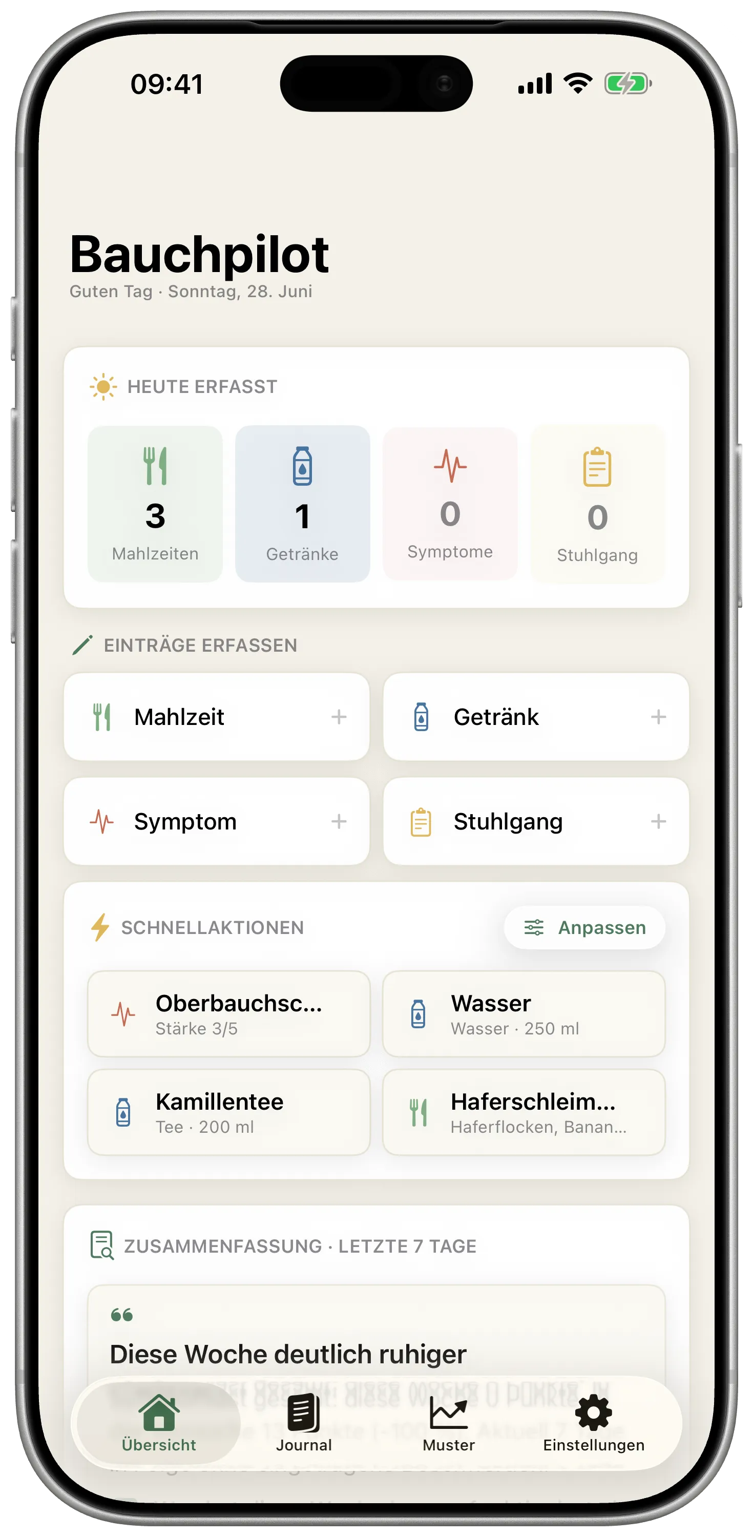 Bauchpilot – Tagesübersicht mit Mahlzeiten, Symptomen und einem erkannten Muster