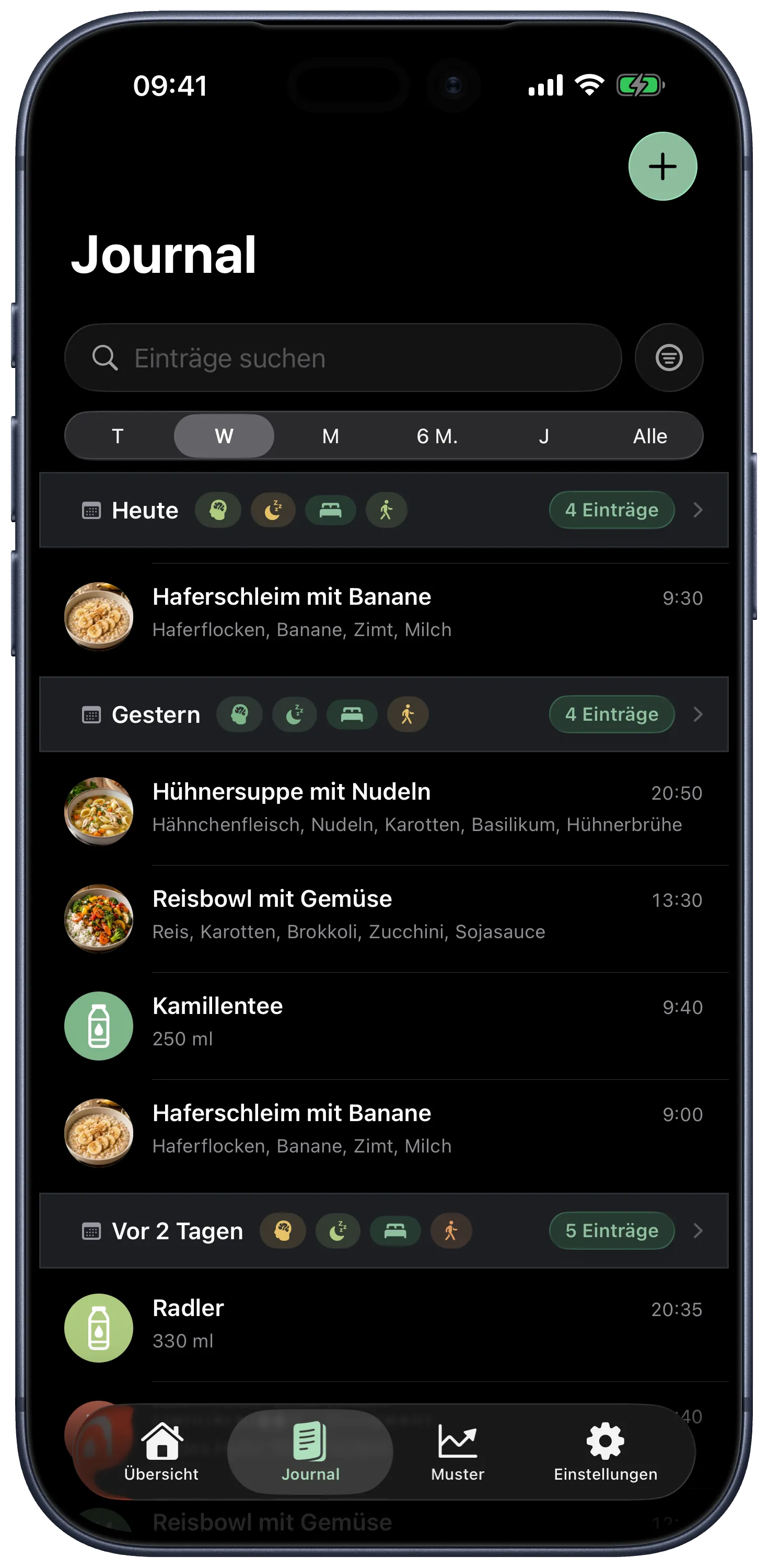 Tagebuch-Ansicht in Bauchpilot mit erfassten Mahlzeiten und Symptomen