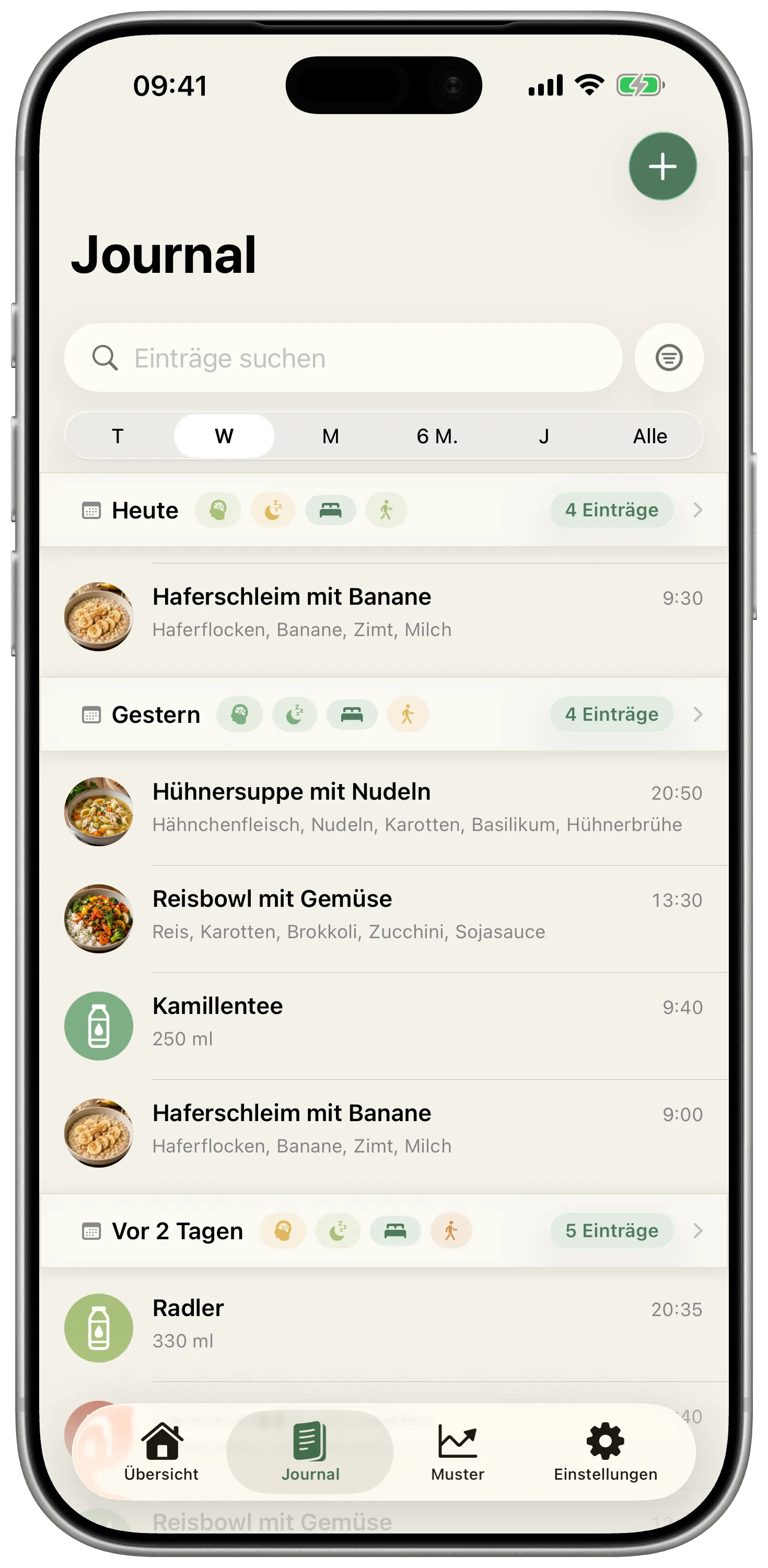 Tagebuch-Ansicht in Bauchpilot mit erfassten Mahlzeiten und Symptomen